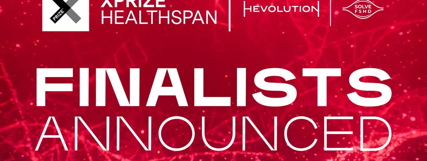 A deep red announcement card carrying the XPRIZE Healthspan, Hevolution and Solve FSHD logos above the words FINALISTS ANNOUNCED, over a faint pattern of DNA strands.