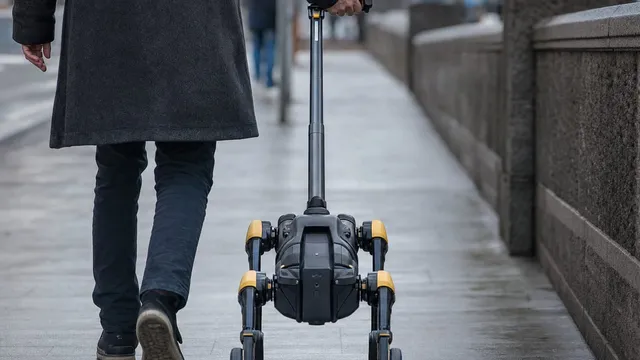 A four-legged robot with wheels on its feet and a tall rigid handle moves along a wet city pavement beside a walking person seen from behind.