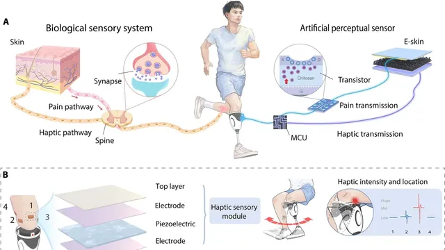 A scientific schematic of a runner with a below-knee prosthesis, linking the skin pain and touch pathways to the artificial sensor, with its transistor, microcontroller and e-skin layers mounted at the prosthetic socket.